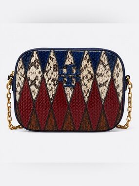 TORY BURCH McGraw Pieced Exotic Camera Bag Royal Navy Blue Snakeskin Crossbody